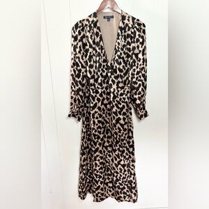 Brooks brothers animal print midi wrap dress v neck long sleeve size 4 brown